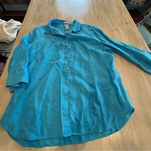 Chicos Teal Blue 100% Linen 3/4 Sleeve Button Down Top No Iron Size 2 (US 12)